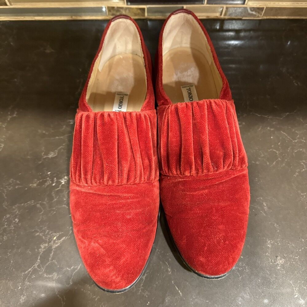 Vtg TOKIO KUMAGAI Paris Red Velvet Pull On Loafers Women’s Italy Size 37 7 - Picture 4 of 9